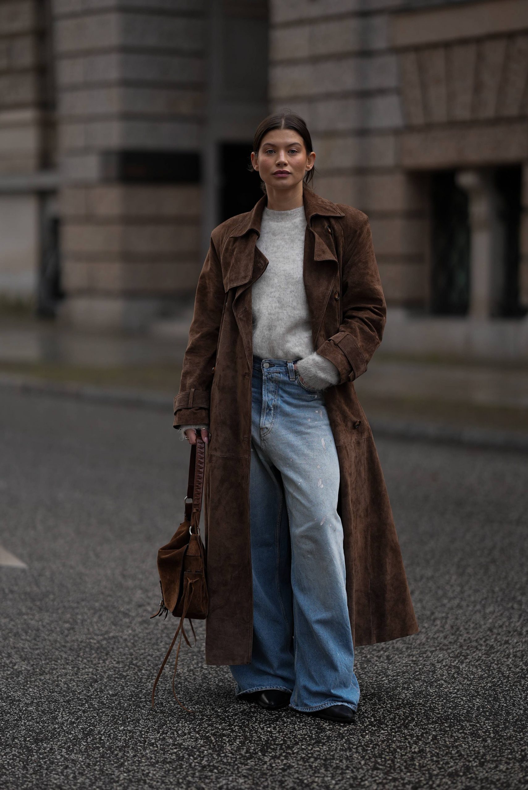 Brown Suede Trench Coat with Knit Sweater and Jeans Brown Suede Trench Coat with Knit Sweater and Jeans — Winter Outfits 2027 with Long Coat