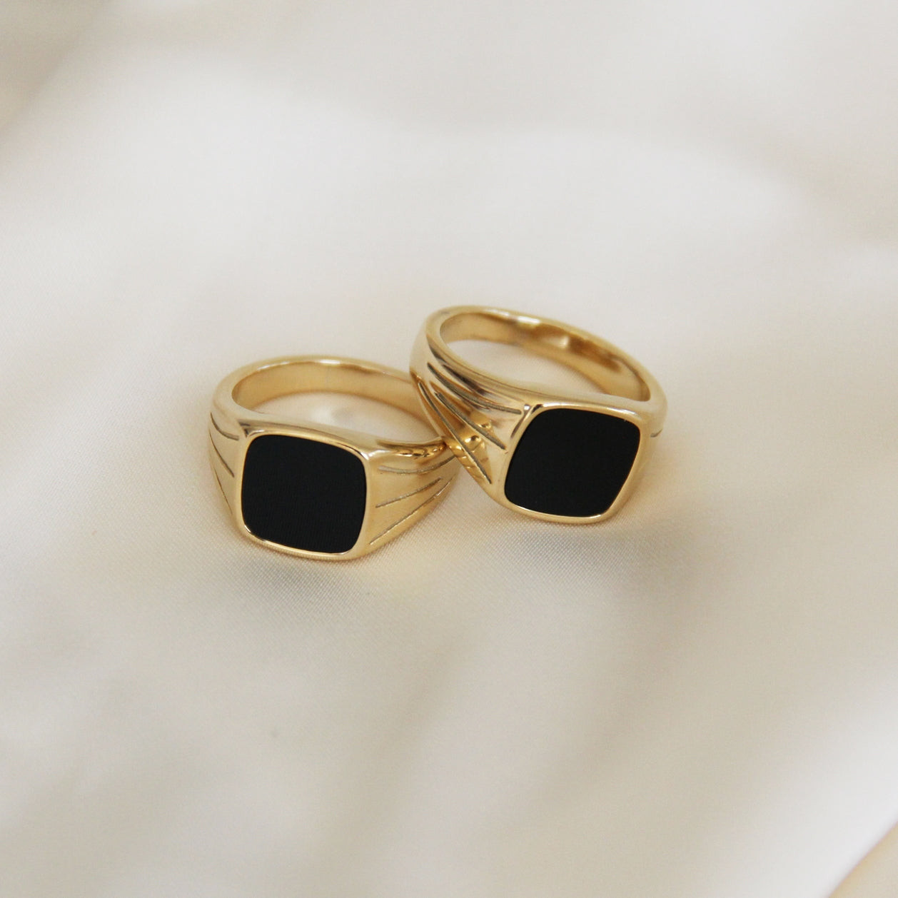 Black Inlay Square Signet Rings on Satin Black Inlay Square Signet Rings on Satin — Signet Rings 2027