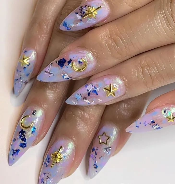 Glossy With Iridescent Shimmer Visual Idea — Moon and Stars Nails 2027
