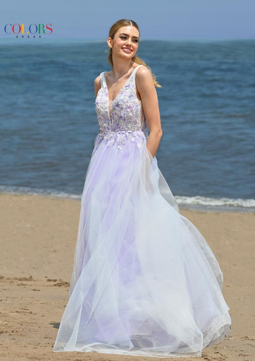 White Gown with Lavender Tulle Skirt and Florals — Colored Wedding Dresses 2027