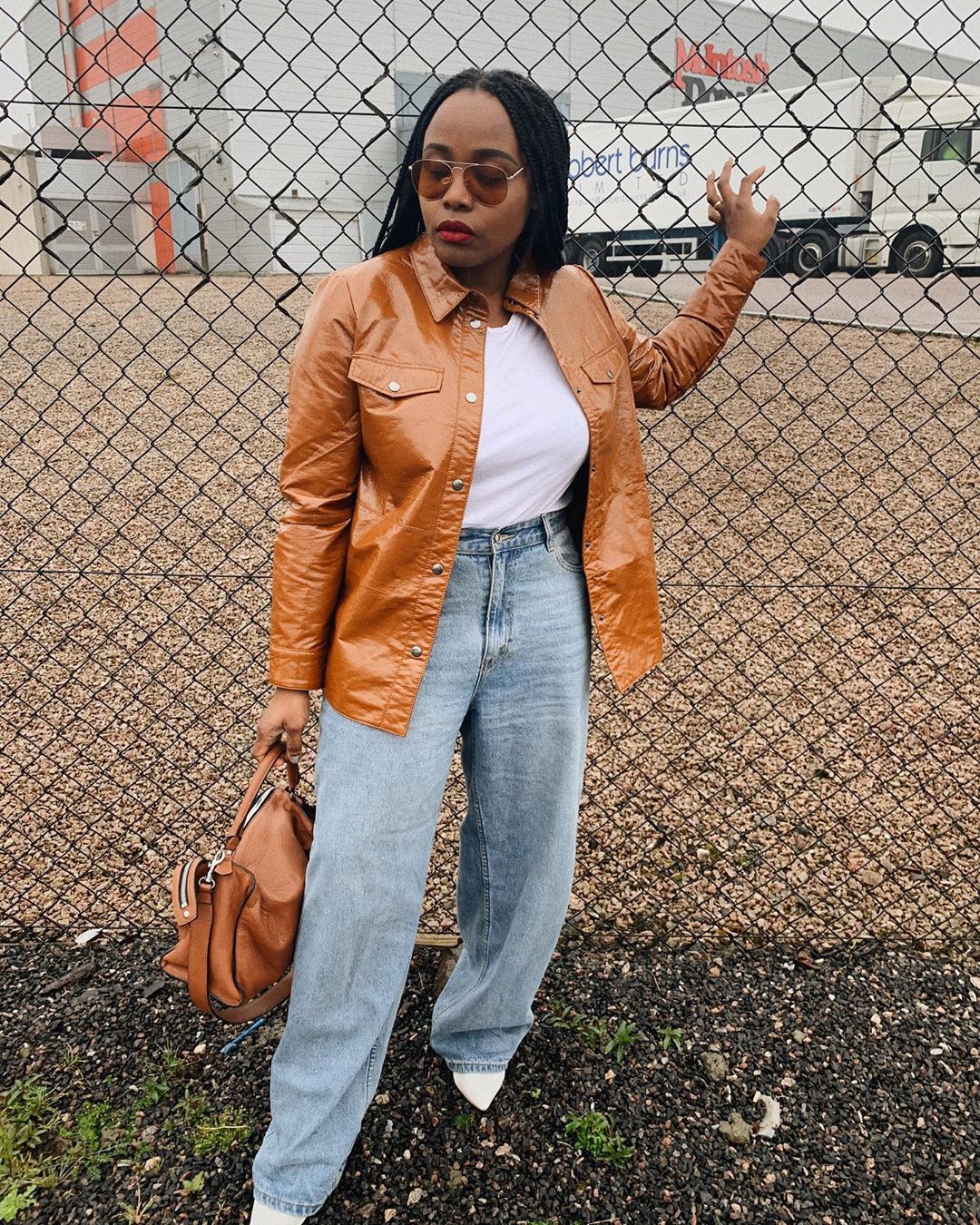 Statement Brown Patent Leather Shacket with Wide-Leg Jeans — Shacket Outfits 2027
