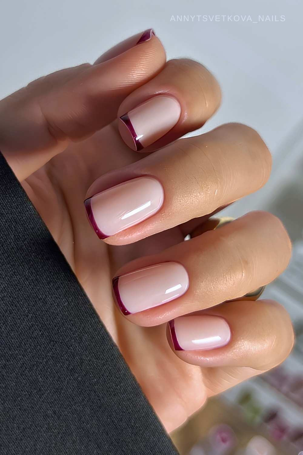 Sheer Pink with Deep Burgundy French Tip Sheer Pink with Deep Burgundy French Tip — Short Micro French Tip Nails 2027