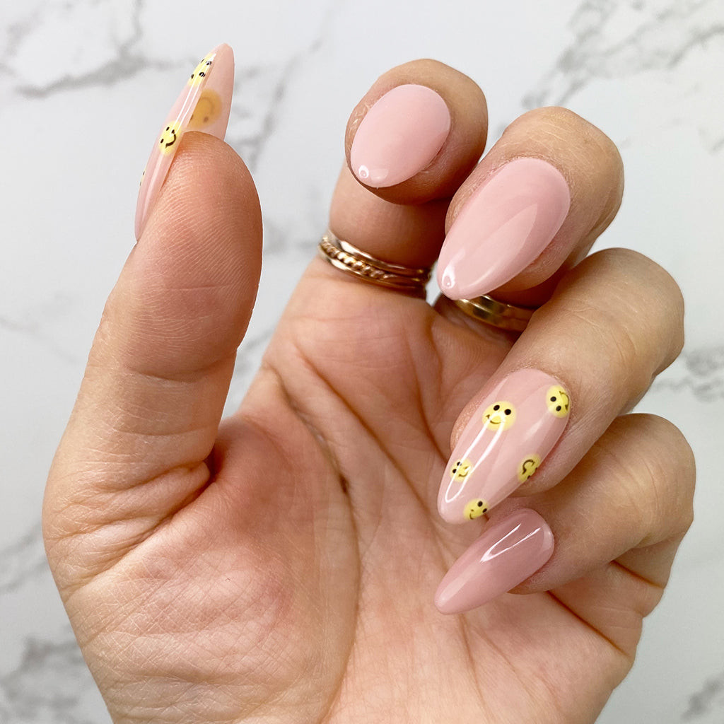 Pale Pink Base With Yellow Accents Visual Idea Pale Pink Base With Yellow Accents Visual Idea — Pink Smiley Face Nails 2027