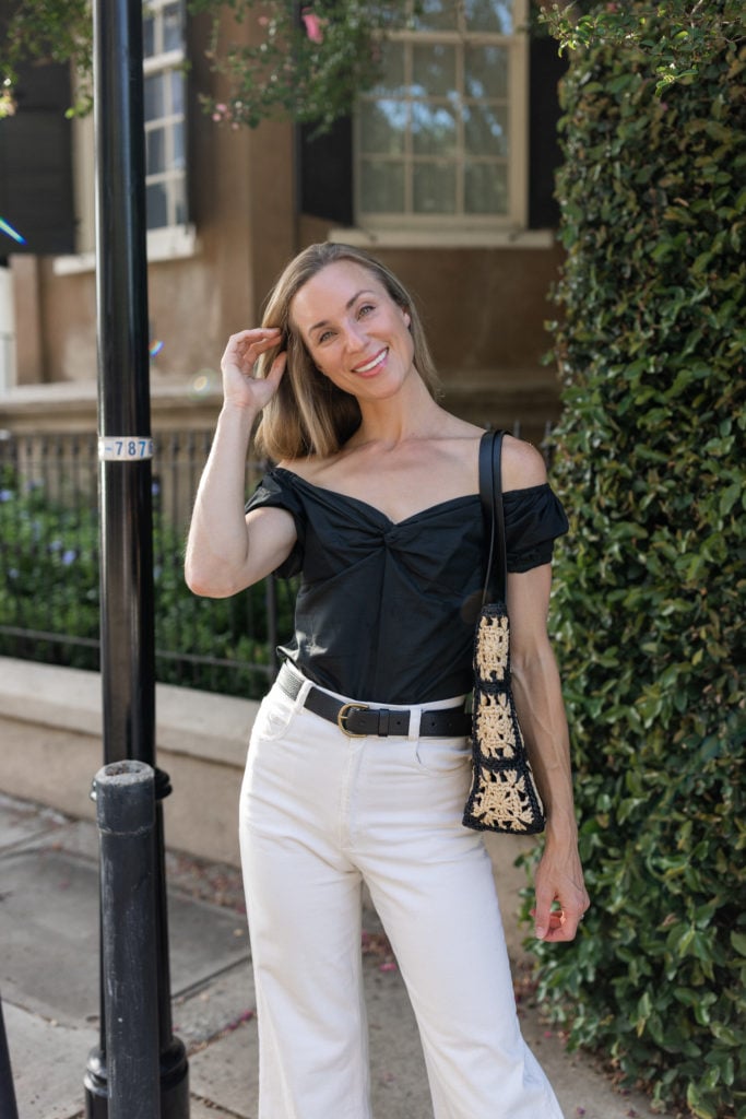 Black Off-the-Shoulder Top and White Trousers — Black and White Outfits 2027