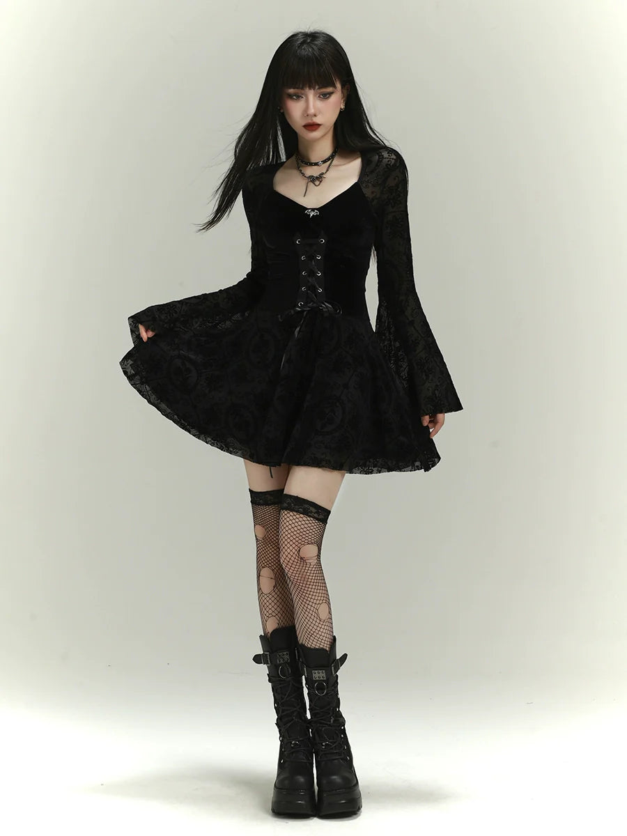 Velvet Dress with Lace Bell Sleeves and Platform Boots Velvet Dress with Lace Bell Sleeves and Platform Boots — Dark Romantic Outfits 2027