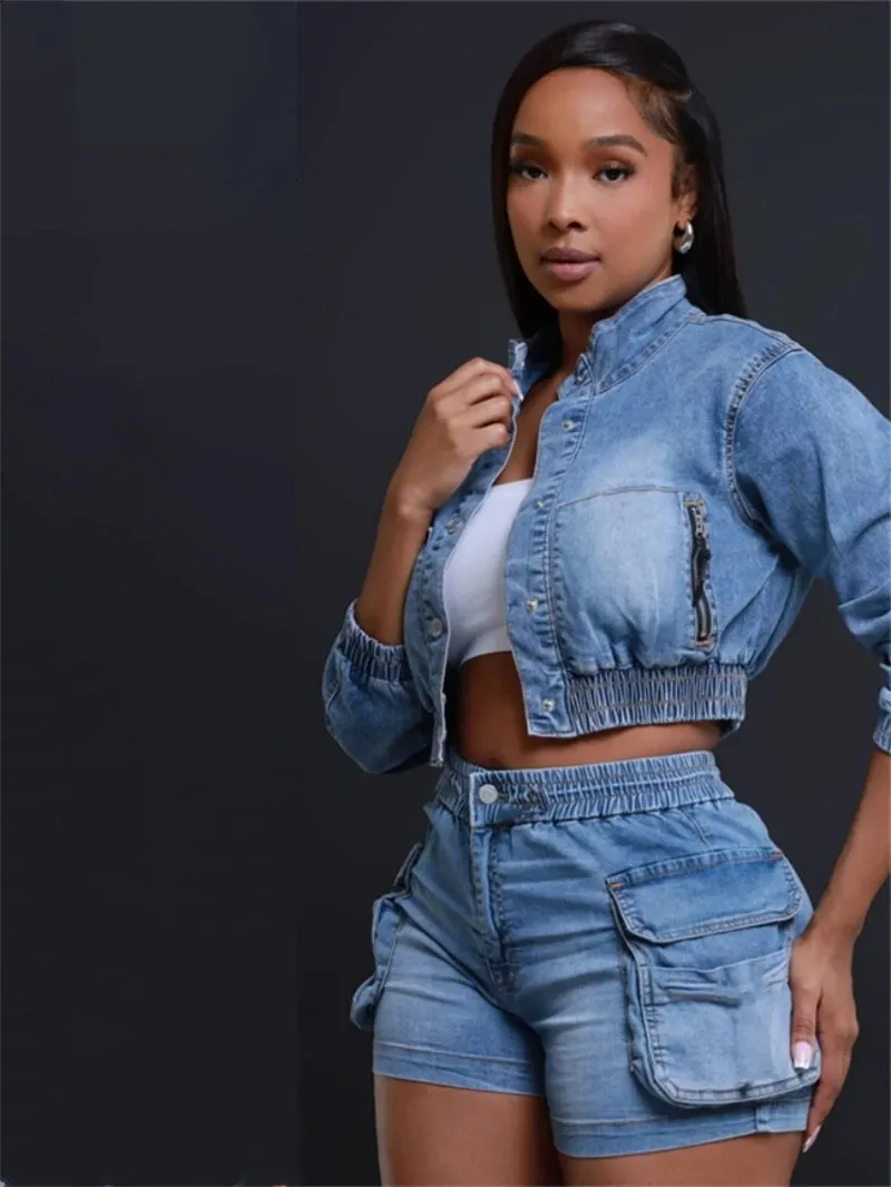 Denim Cargo Shorts and Cropped Jacket Set — Spring Denim Shorts Outfits 2027