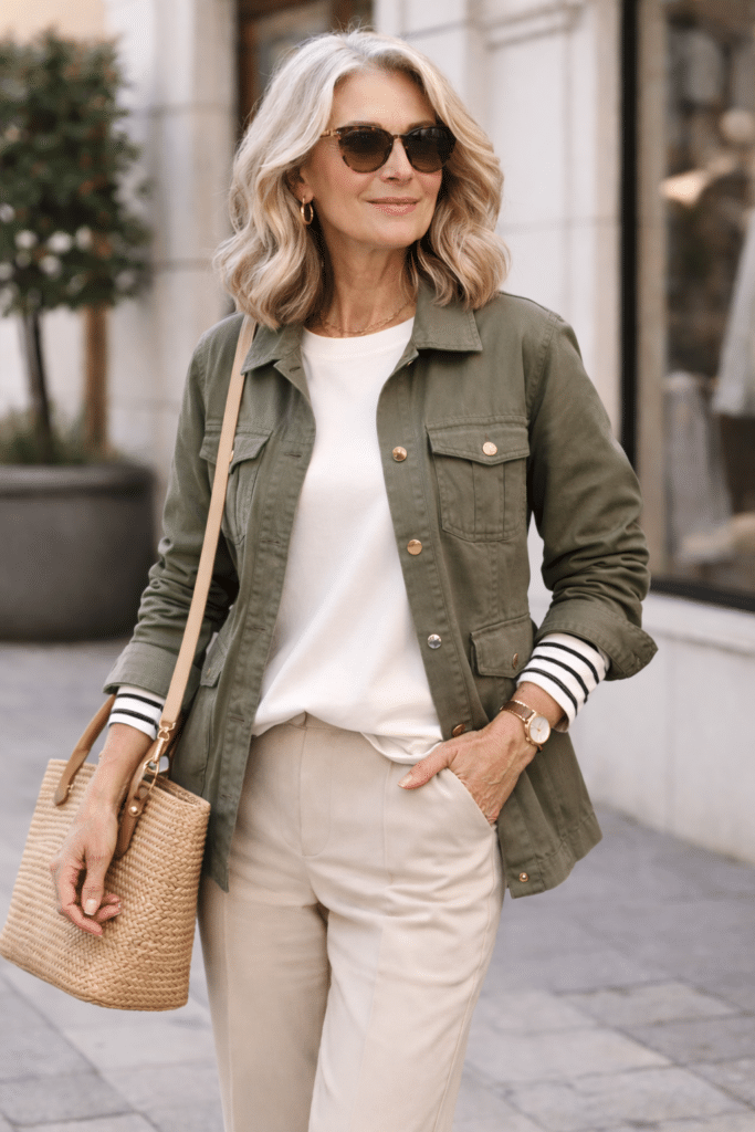 Olive Utility Jacket and Stripes: Practical Casual Style — Outfits 2027 for Women Over 60