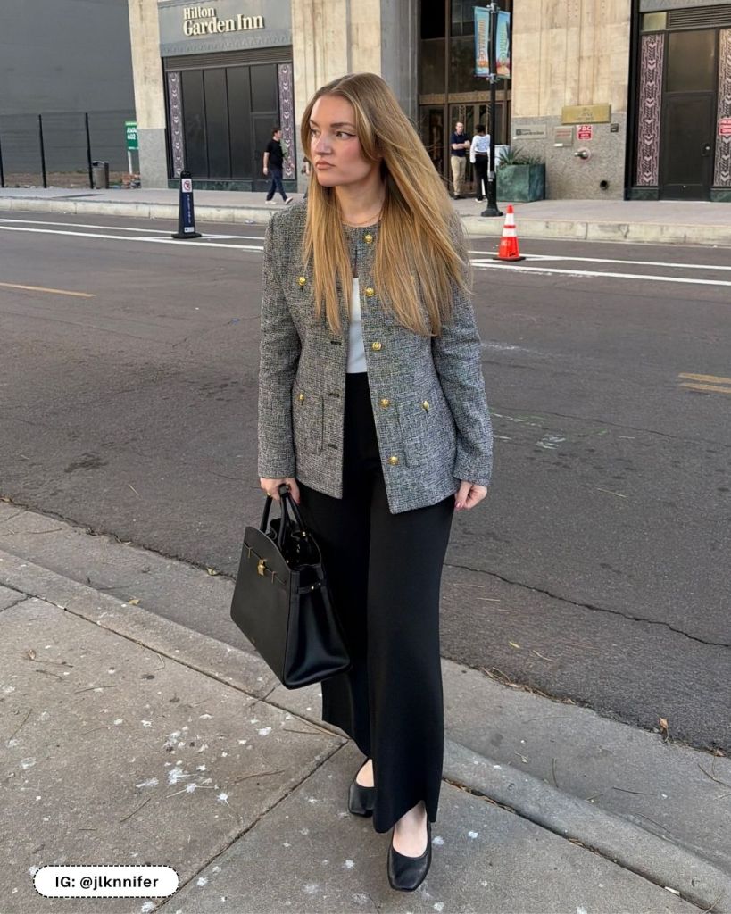 Grey Tweed Blazer with Gold Buttons and Wide-Leg Trousers Grey Tweed Blazer with Gold Buttons and Wide-Leg Trousers — Winter Office Outfits 2027