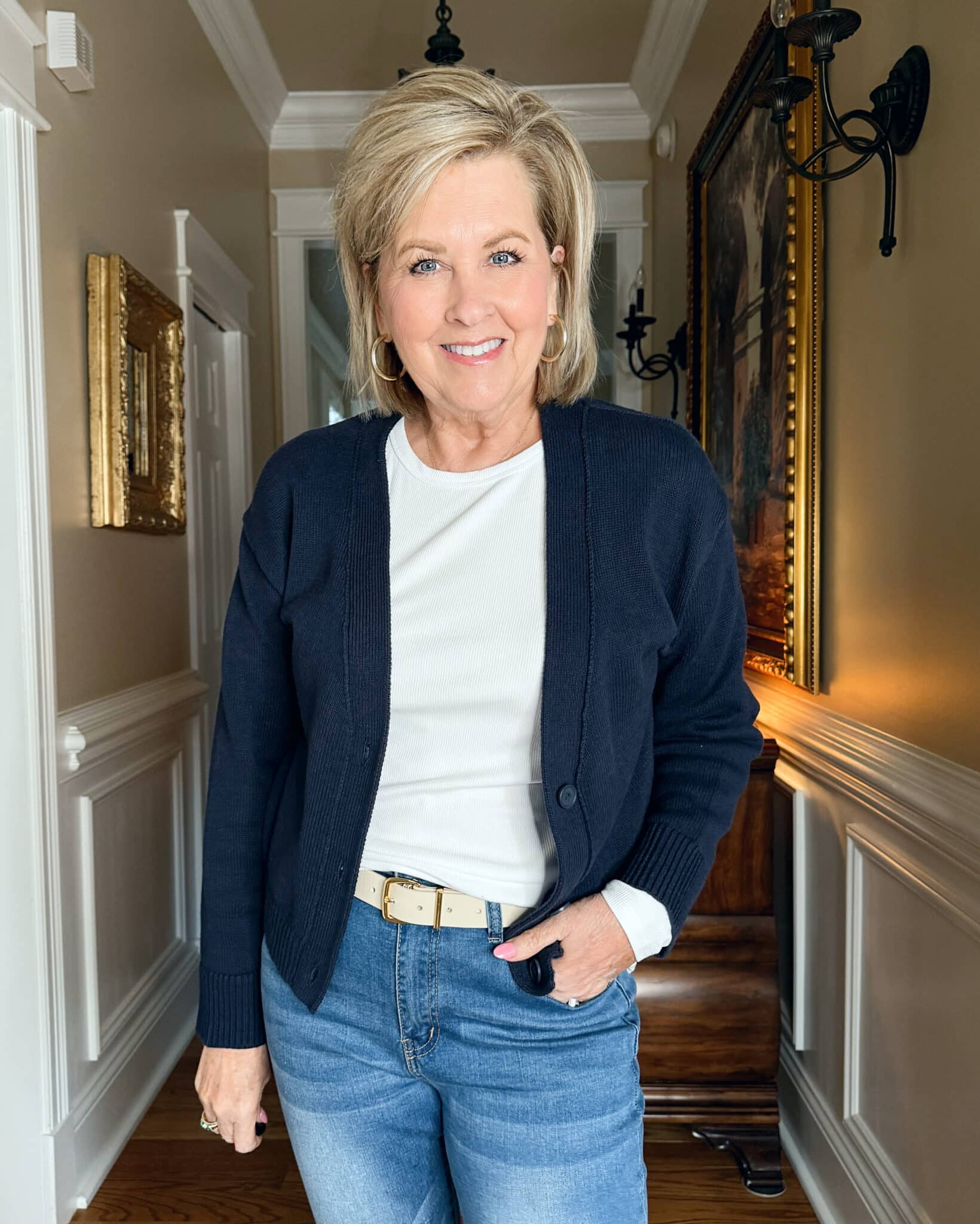 Classic Combination: Navy Cardigan, White Top, and Jeans — Mothers Day Brunch Outfits 2027