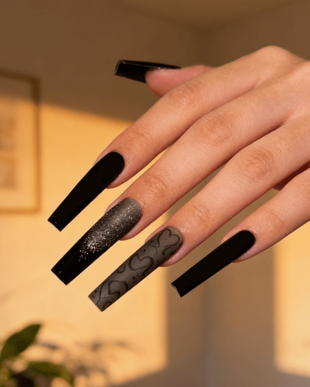 Matte Black with Glitter and Heart Accents — Long Coffin Nails 2027