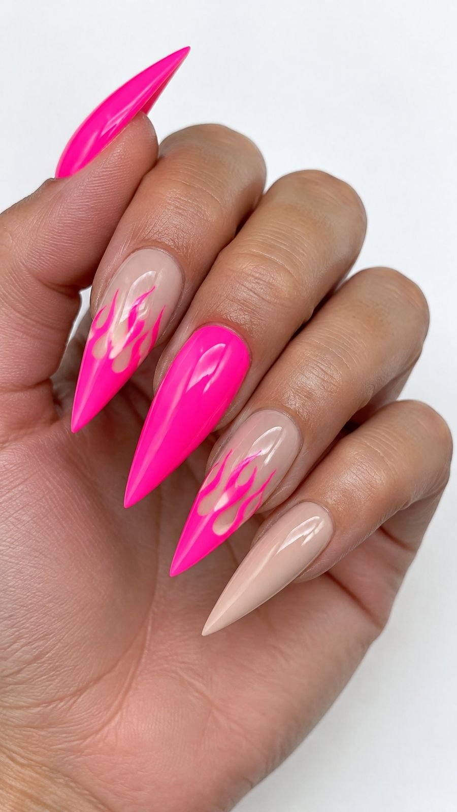 Neon Pink Flame Accents on Nude Base Neon Pink Flame Accents on Nude Base — Neon Stiletto Nails 2027