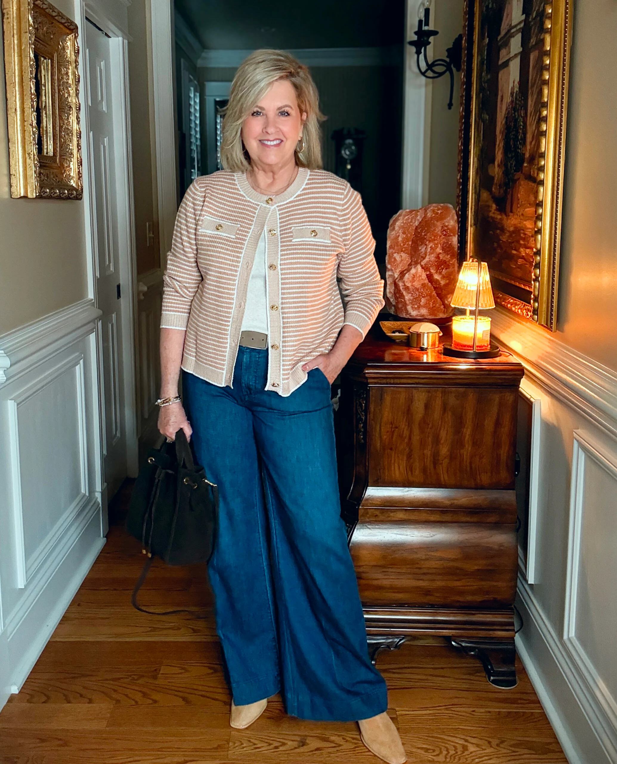 Casual Striped Knit Cardigan with Wide-Leg Jeans and Loafers Casual Striped Knit Cardigan with Wide-Leg Jeans and Loafers — Fall Cardigan Outfits 2026