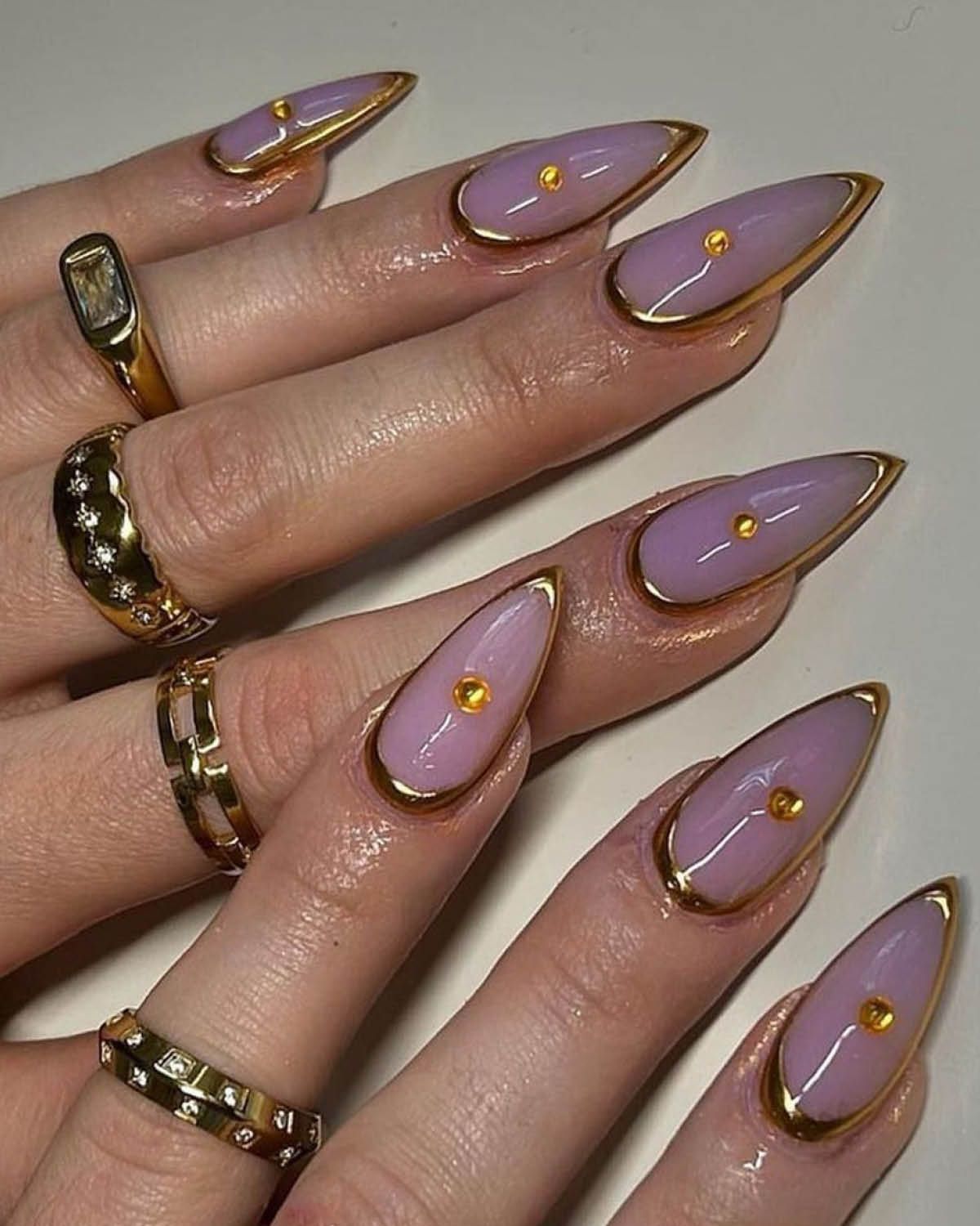 Gold Border Sheer Lilac Stiletto Gold Border Sheer Lilac Stiletto — Lavender Stiletto Nails 2027