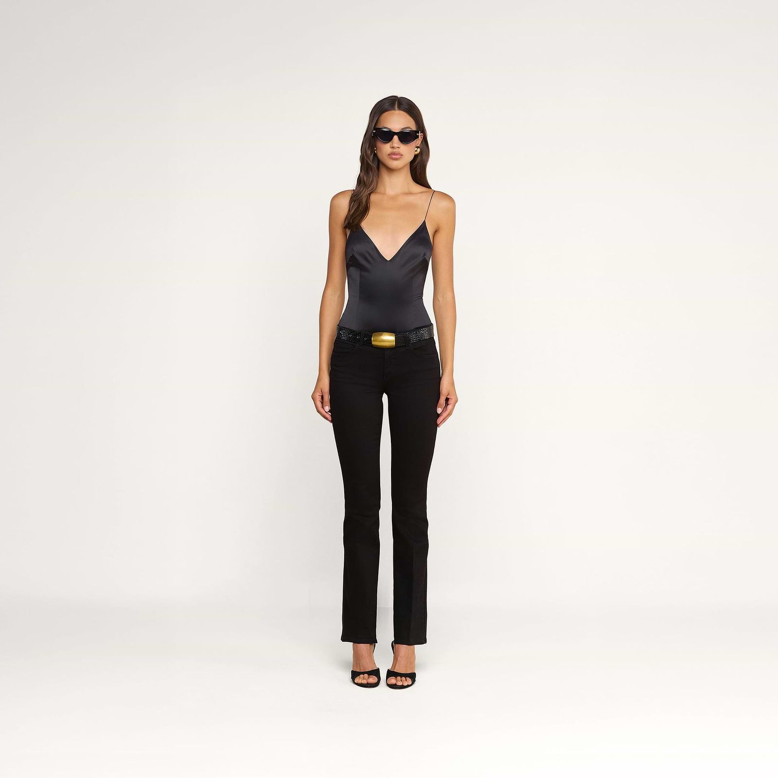 Sleek Black Bootcut Jeans with Satin Camisole and Heels — Black Bootcut Jeans Outfits 2027