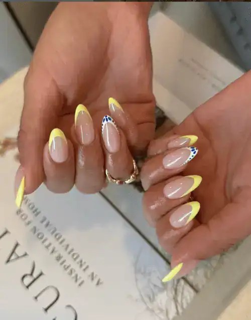 Clean French Tip Lines Smooth Surface Yellow French Dot Almond Nails Clean French Tip Lines Smooth Surface Yellow French Dot Almond Nails — Summer Almond Nails 2027