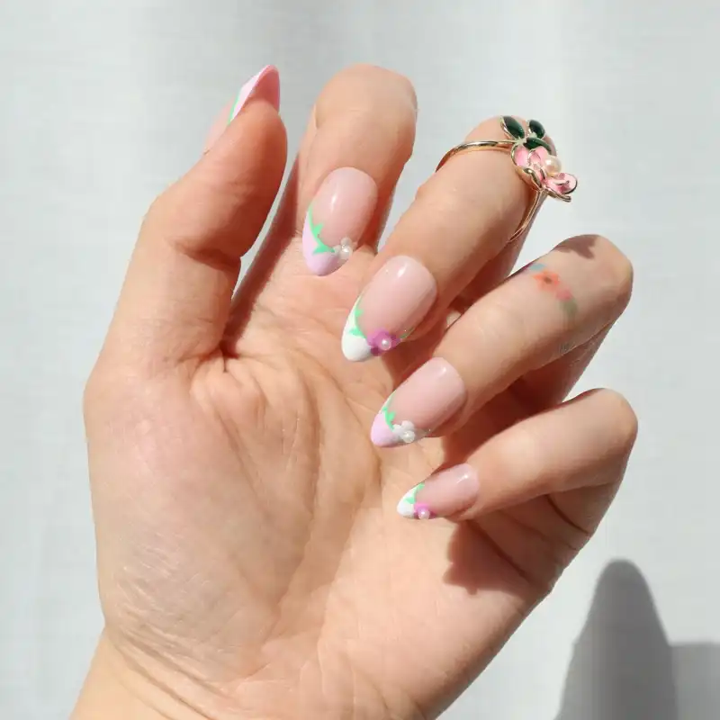 Pearl and Flower Accented White French Tips Pearl and Flower Accented White French Tips — Easter French Tip Nails 2027
