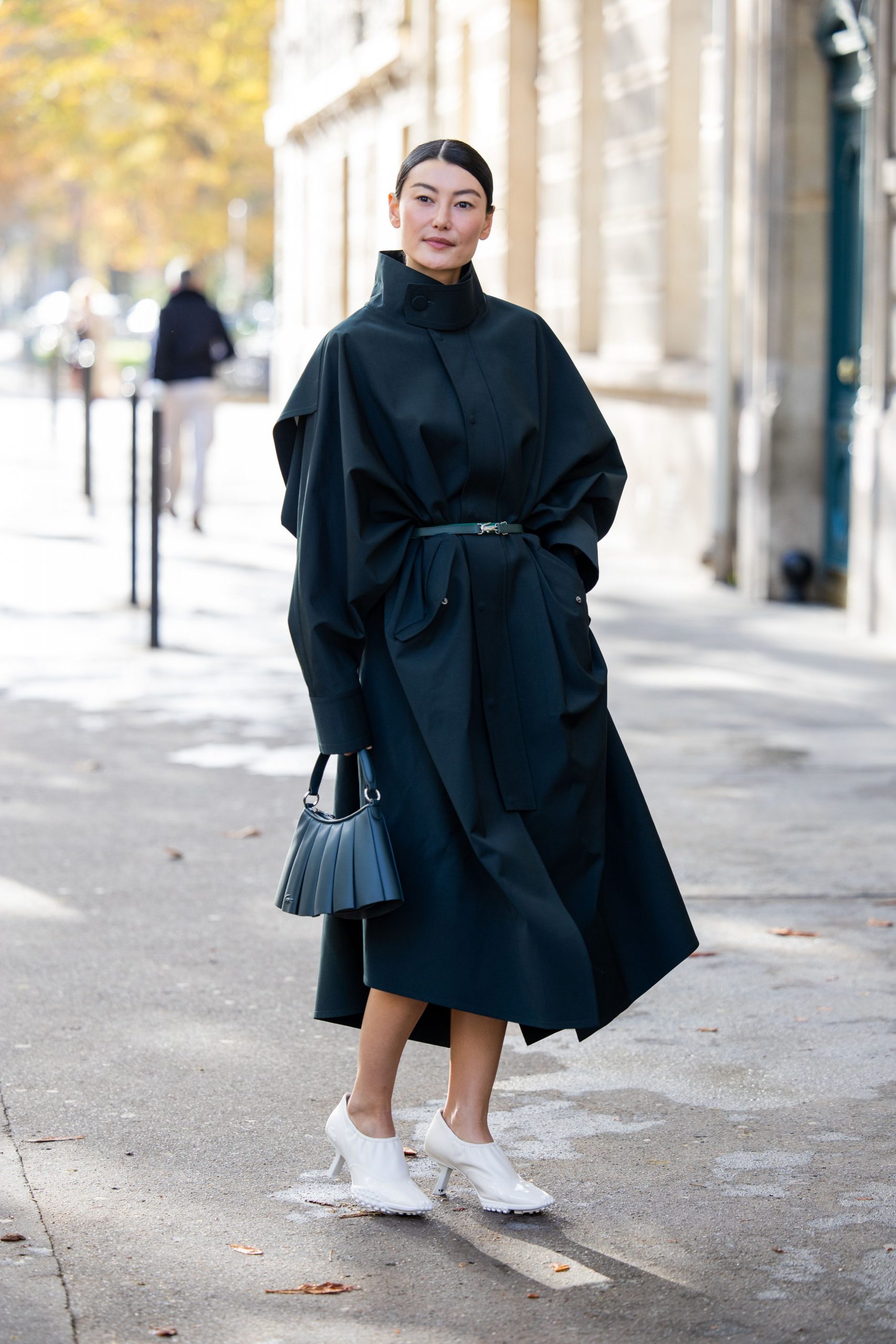 Dark Green Oversized Trench Coat and Dress for a Monochromatic Statement — Dressy Winter Outfits 2027