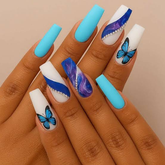 Matte Glossy Blue Swirl Butterfly Nails Matte Glossy Blue Swirl Butterfly Nails — Long Butterfly Coffin Nails 2027