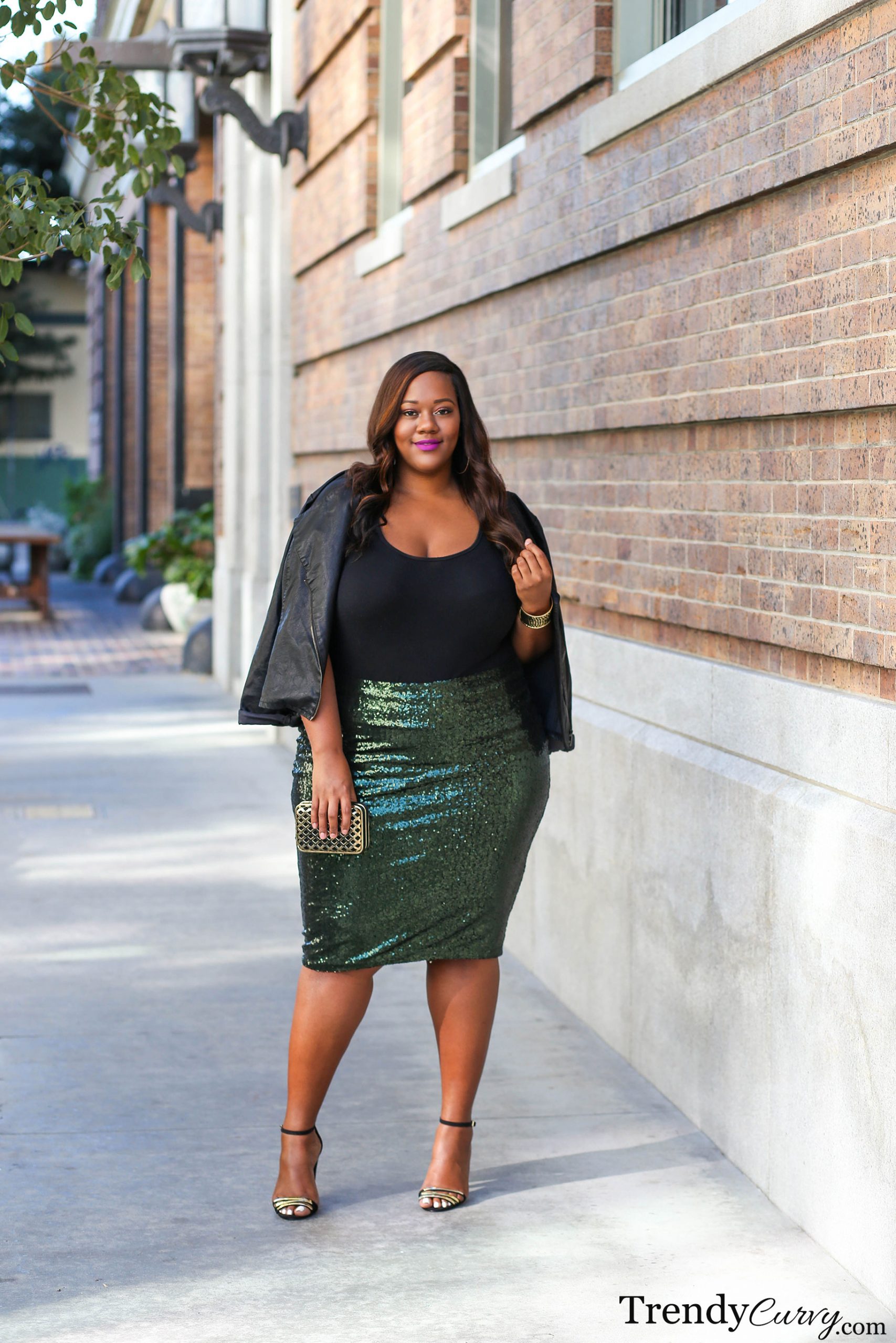Sequin Pencil Skirt with Leather Jacket for Party — Plus Size Thanksgiving Outfits 2026