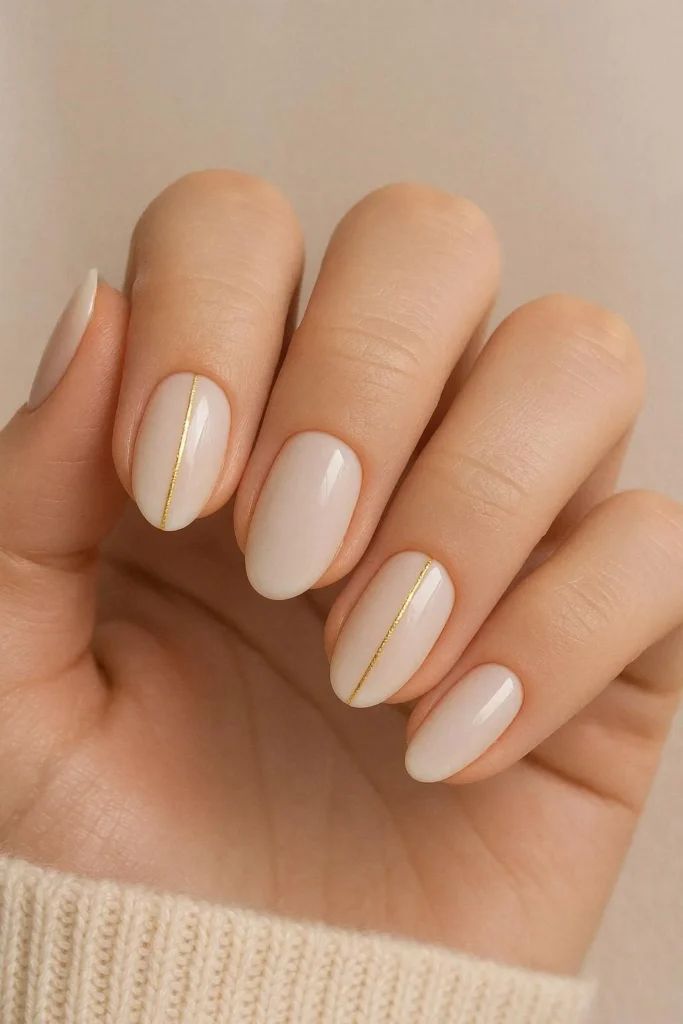 Short Oval Milky White with Gold Line Short Oval Milky White with Gold Line — Thin Line Nails 2027