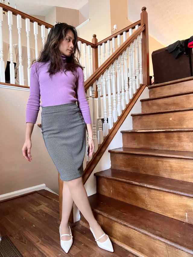 Lavender Turtleneck with Houndstooth Pencil Skirt Lavender Turtleneck with Houndstooth Pencil Skirt — Business Casual Outfits 2027