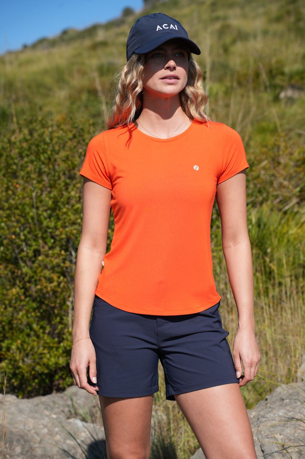 Bright Orange T-Shirt and Navy Shorts for Sunny Trails — Athletic Hiking Outfits 2027