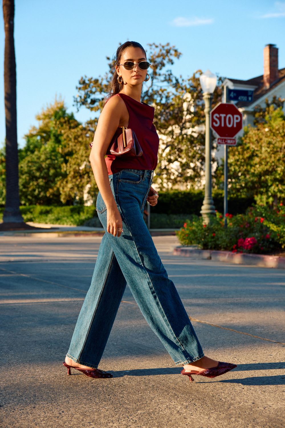 Burgundy Satin Cowl Neck Top with Blue Jeans — Satin Top Outfits 2027