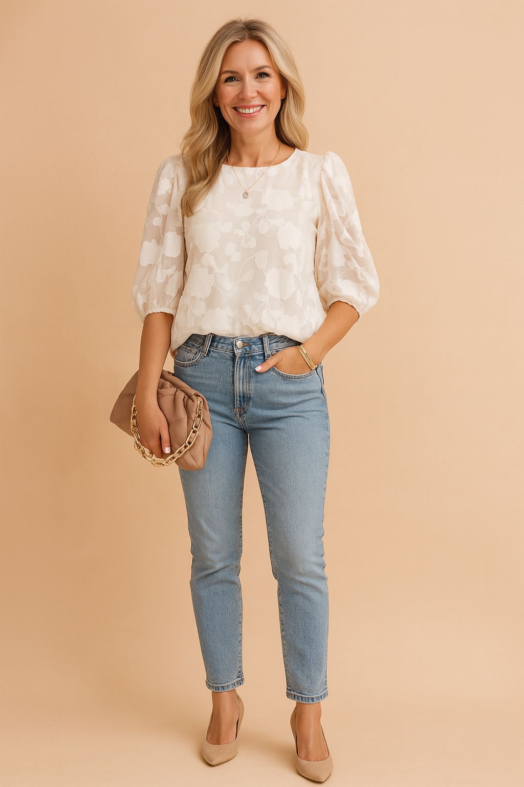 Cream Textured Puff Sleeve Blouse with Light Blue Jeans and Nude Heels Cream Textured Puff Sleeve Blouse with Light Blue Jeans and Nude Heels — Puff Sleeve Blouse Outfits 2027
