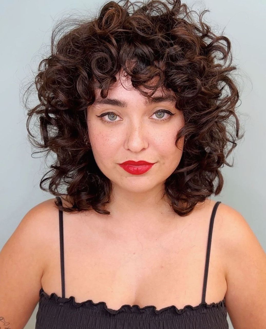 Collarbone Dark Brown With Caramel Bangs Collarbone Dark Brown With Caramel Bangs — Hair Color 2027 for Curly Hair