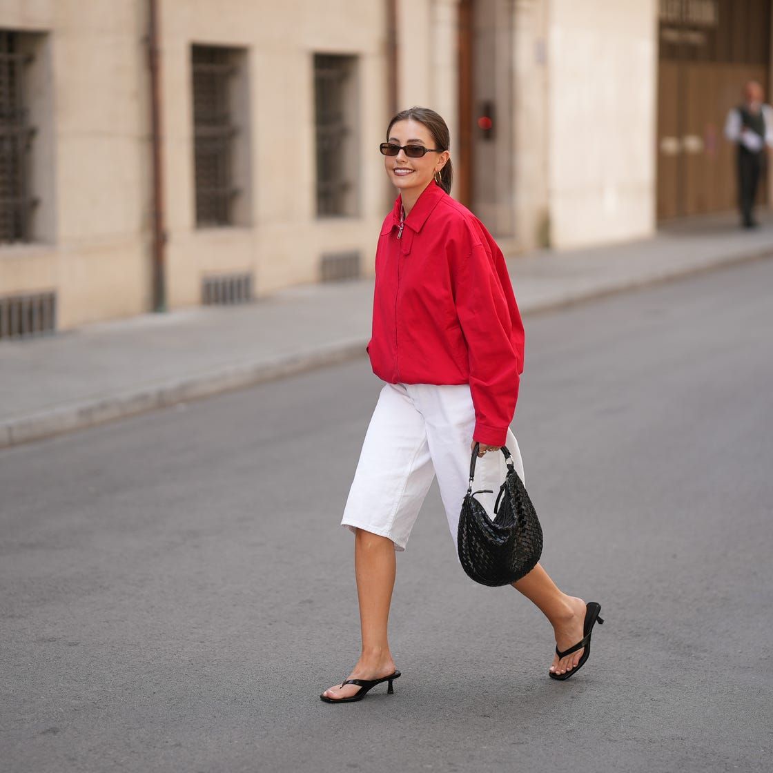 Bold Contrast: Red Bomber Jacket with White Bermuda Shorts Bold Contrast: Red Bomber Jacket with White Bermuda Shorts — Outfits 2027 for Athletic Build