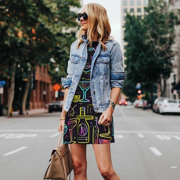 Playful Mix: Neon Print Dress with Denim Jacket — Cocktail Bar Outfits 2027