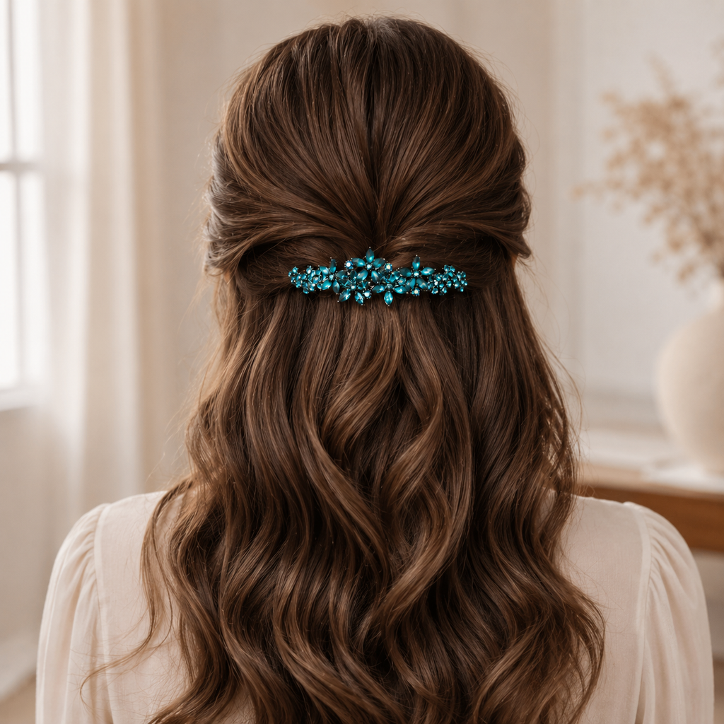 Teal Crystal Barrette Half-Up on Dark Brown Waves — Barrette Hairstyles 2027