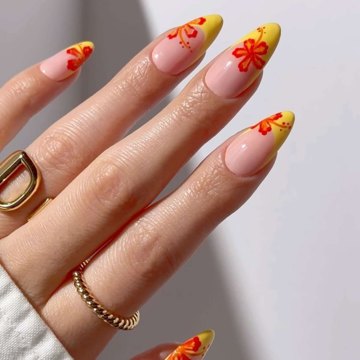 Red Orange Hibiscus Pink French Medium Stiletto Red Orange Hibiscus Pink French Medium Stiletto — Hibiscus Flower Nails 2027