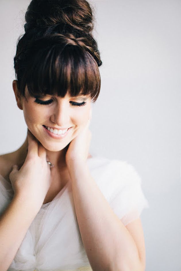 Dark Brown High Bun With Blunt Bangs Dark Brown High Bun With Blunt Bangs — Wedding Bangs 2027
