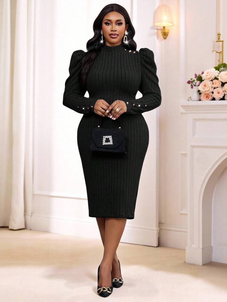 Black Knit Midi Dress With Puff Sleeves Black Knit Midi Dress With Puff Sleeves — Winter Dinner Outfits 2027