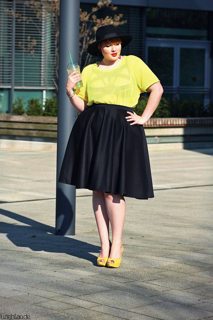 Playful Yellow Mesh Top with Black Full Skirt — Curvy Outfits 2027