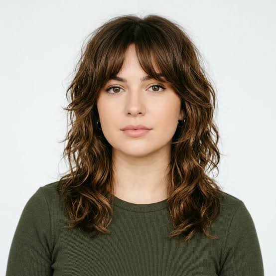 Medium Brown Collarbone Shag With Textured Curtain Bangs — Bangs 2027 for Oval Face
