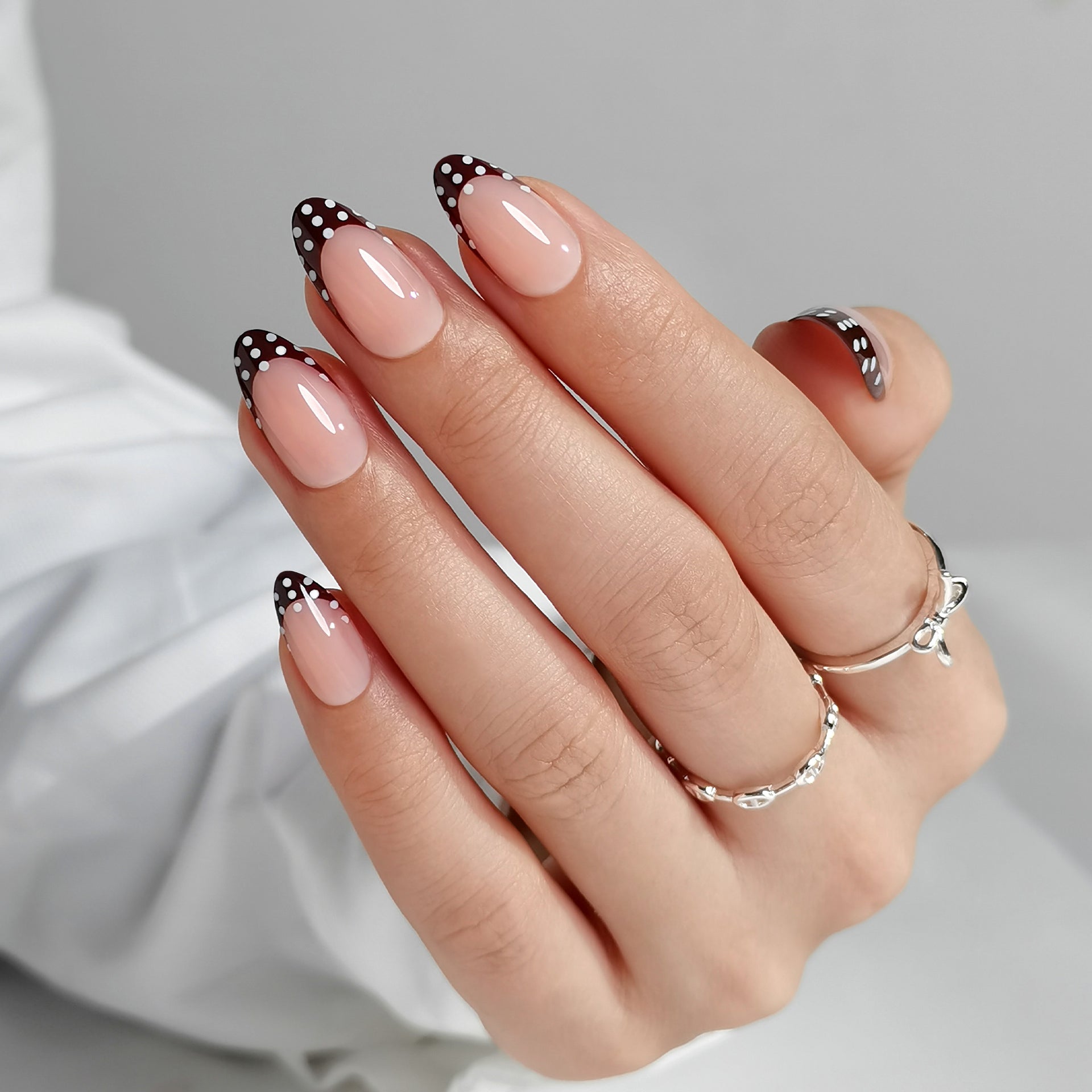 Pink Polka Dot French Almond Pink Polka Dot French Almond — Medium Length Winter Nails 2027