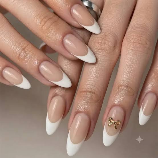 Gold 3D Bow Nude French Almonds Gold 3D Bow Nude French Almonds — Small Bow Nails 2027