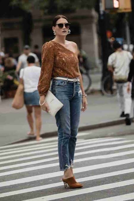 Brown One-Shoulder Top and Denim: Chic Casual Combination — Earth Tone Outfits 2027