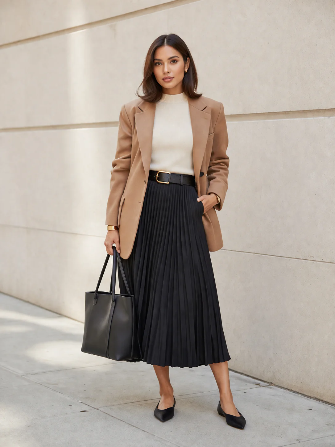 Camel Blazer, Cream Knit Top, and Pleated Skirt Camel Blazer, Cream Knit Top, and Pleated Skirt — Glamoratti Outfits 2027