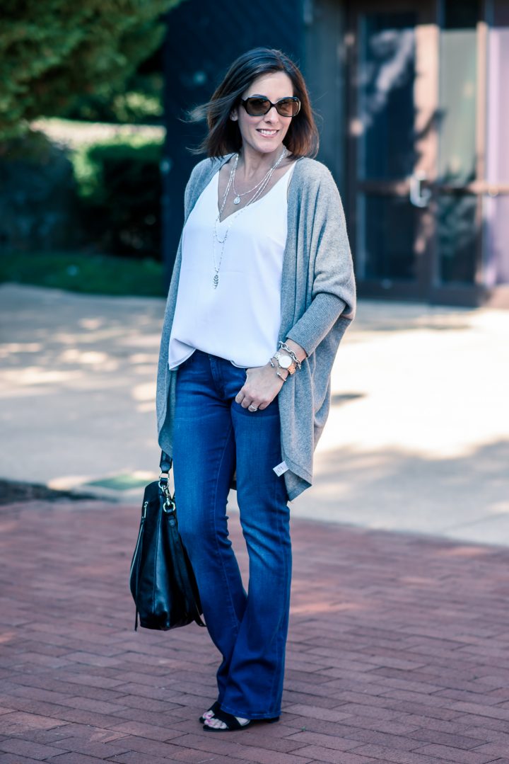 Comfortable Layers: Dark Bootcut Jeans with Cardigan and Flat Sandals — Bootcut Jeans Outfits 2027 with Sandals