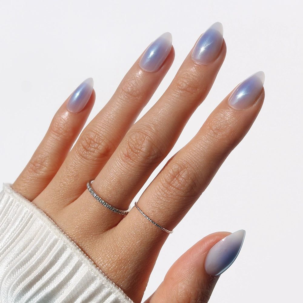 Shimmer Pale Blue Iridescent Almonds — Almond Nails 2027 for Chubby Fingers
