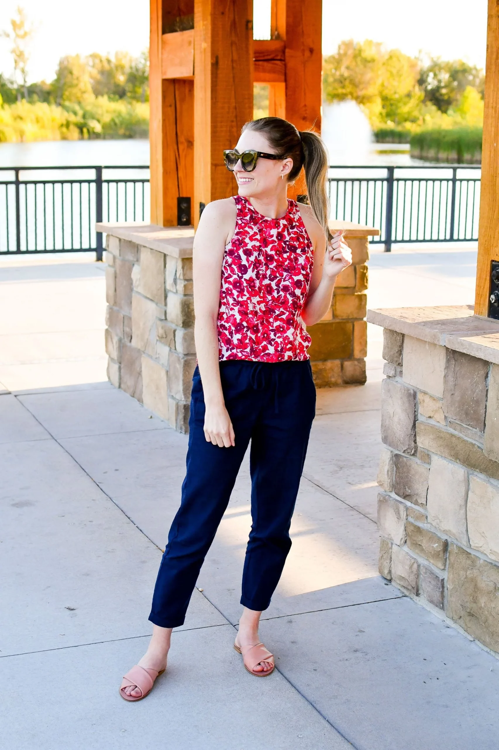 Pink Slide Sandals Outfit Idea — Navy Blue Linen Pants Outfits 2027