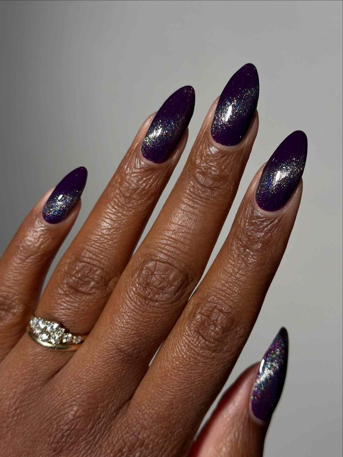 Deep Plum Holographic Glitter Gradient Almond Nails Deep Plum Holographic Glitter Gradient Almond Nails — Winter Nail Colors 2027 for Dark Skin