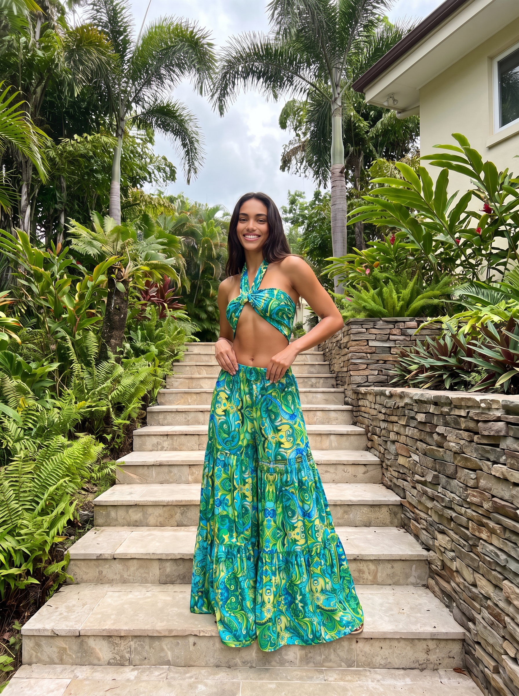 Green Floral Halter Crop Top with Tiered Maxi Skirt for Tropical Vacations Green Floral Halter Crop Top with Tiered Maxi Skirt for Tropical Vacations — Summer Crop Top Outfits 2027