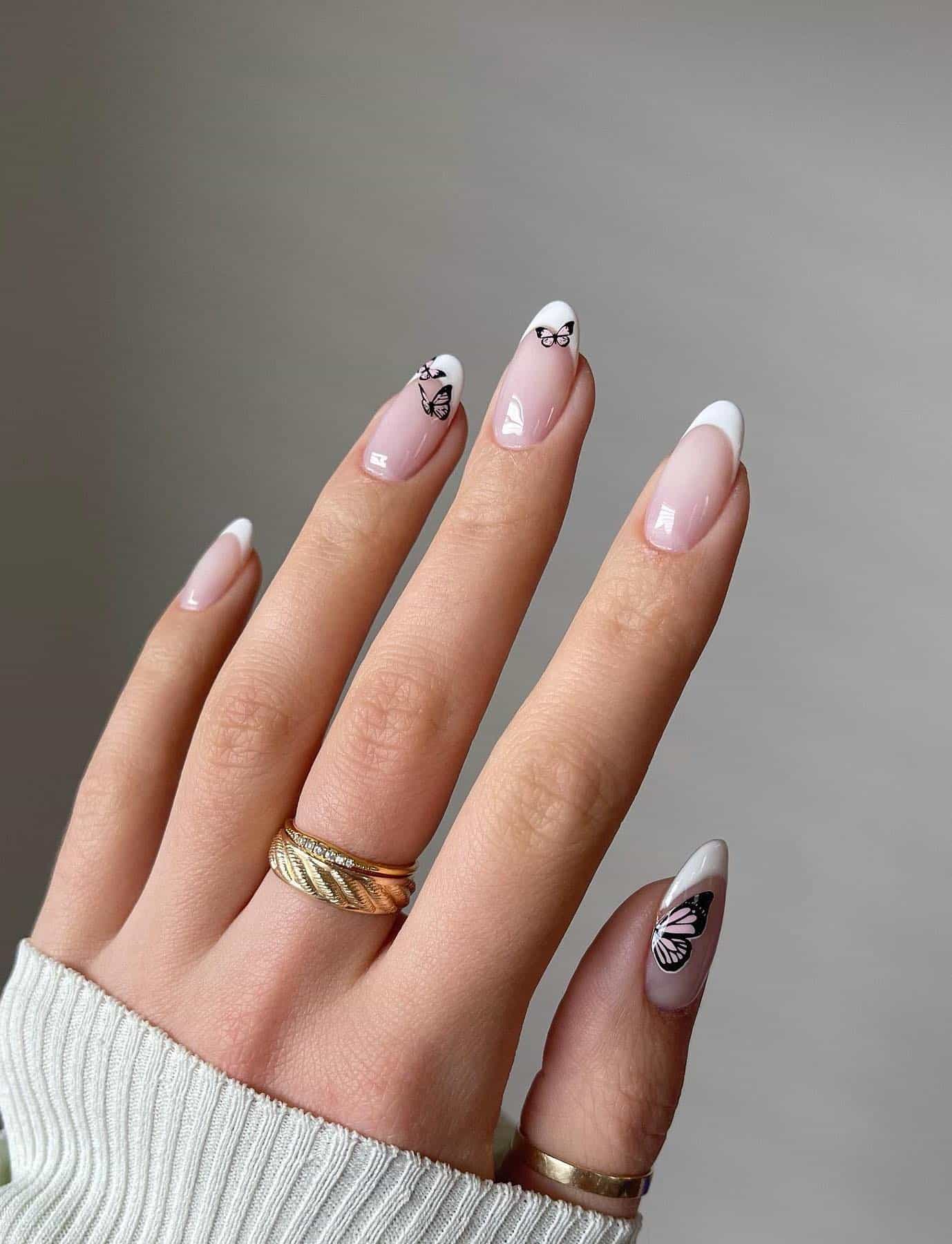 Pink French Tip Black Butterfly Decal Almonds — Short Butterfly Almond Nails 2027