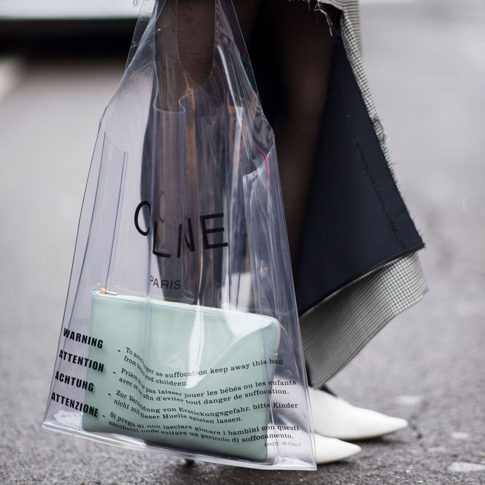 Checked Coat and White Heels with a Transparent Tote — Clear Bag Outfits 2027