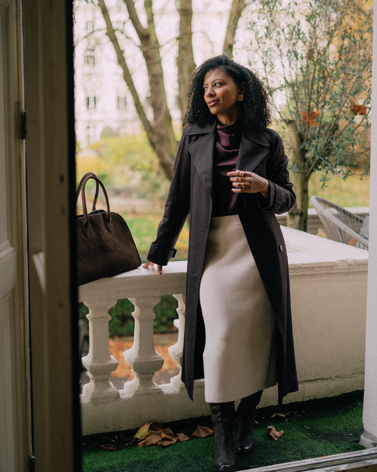 Dark Trench Coat over Burgundy and Cream Dark Trench Coat over Burgundy and Cream — Winter Outfits 2027 for Work