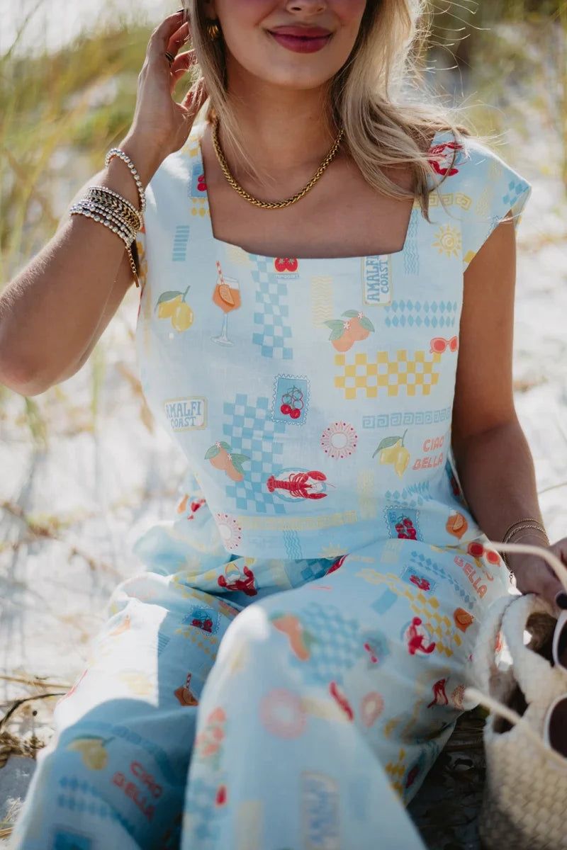 Light Blue Lemon and Lobster Print Top and Wide-Leg Pants for Beach Days Light Blue Lemon and Lobster Print Top and Wide-Leg Pants for Beach Days — Summer Two Piece Set Outfits 2027